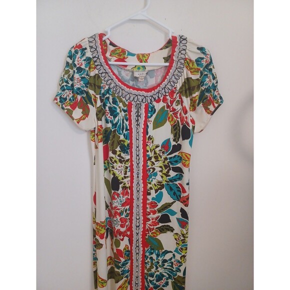 ECI New York Floral Shift Dress 10 Vtg Shortsleeve Beaded Tropical Hawaiian - Picture 2 of 9